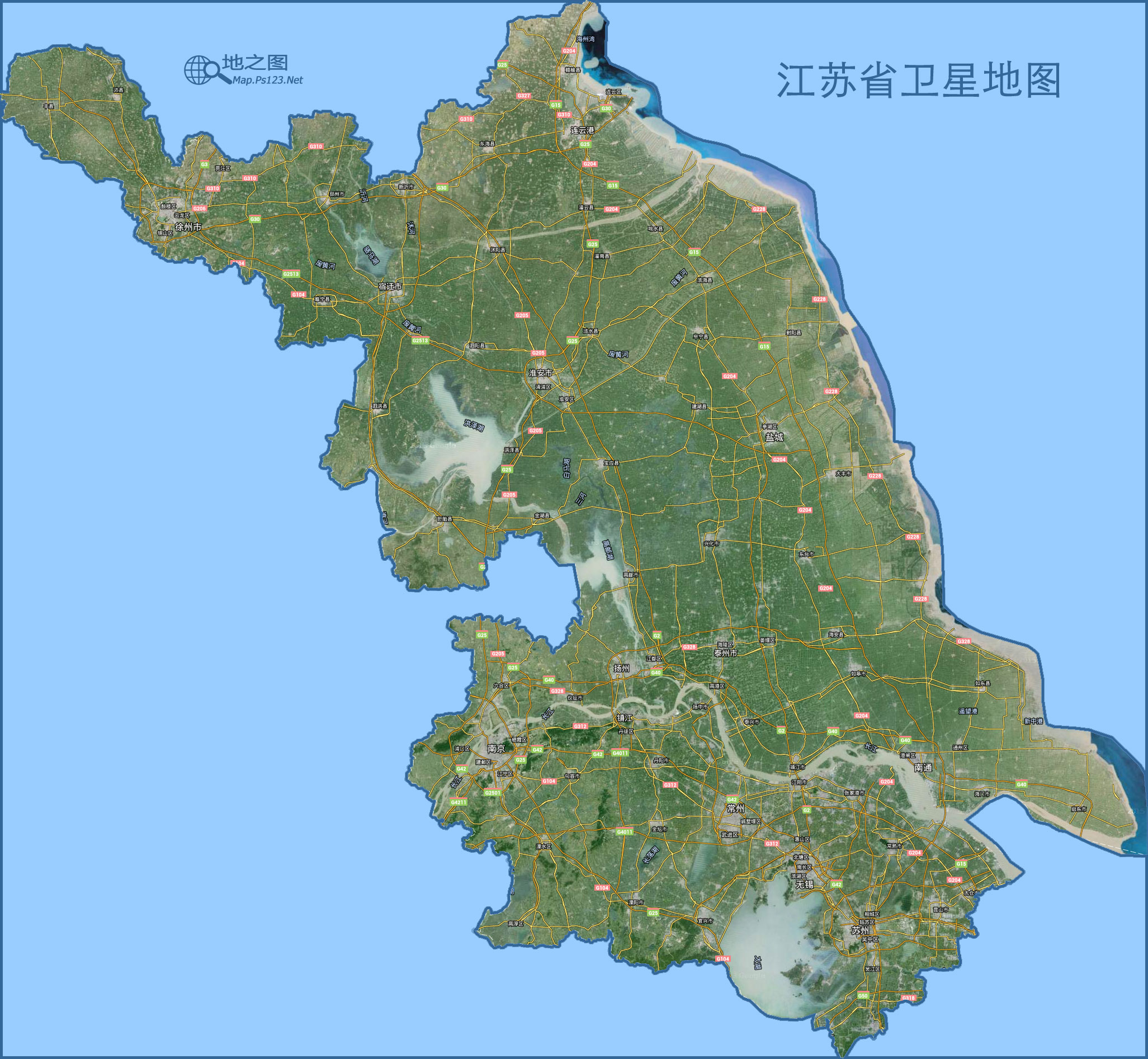 中国地图 江苏 >> 江苏地图(卫星图)  分类: 江苏  更新:2015-8-13图片