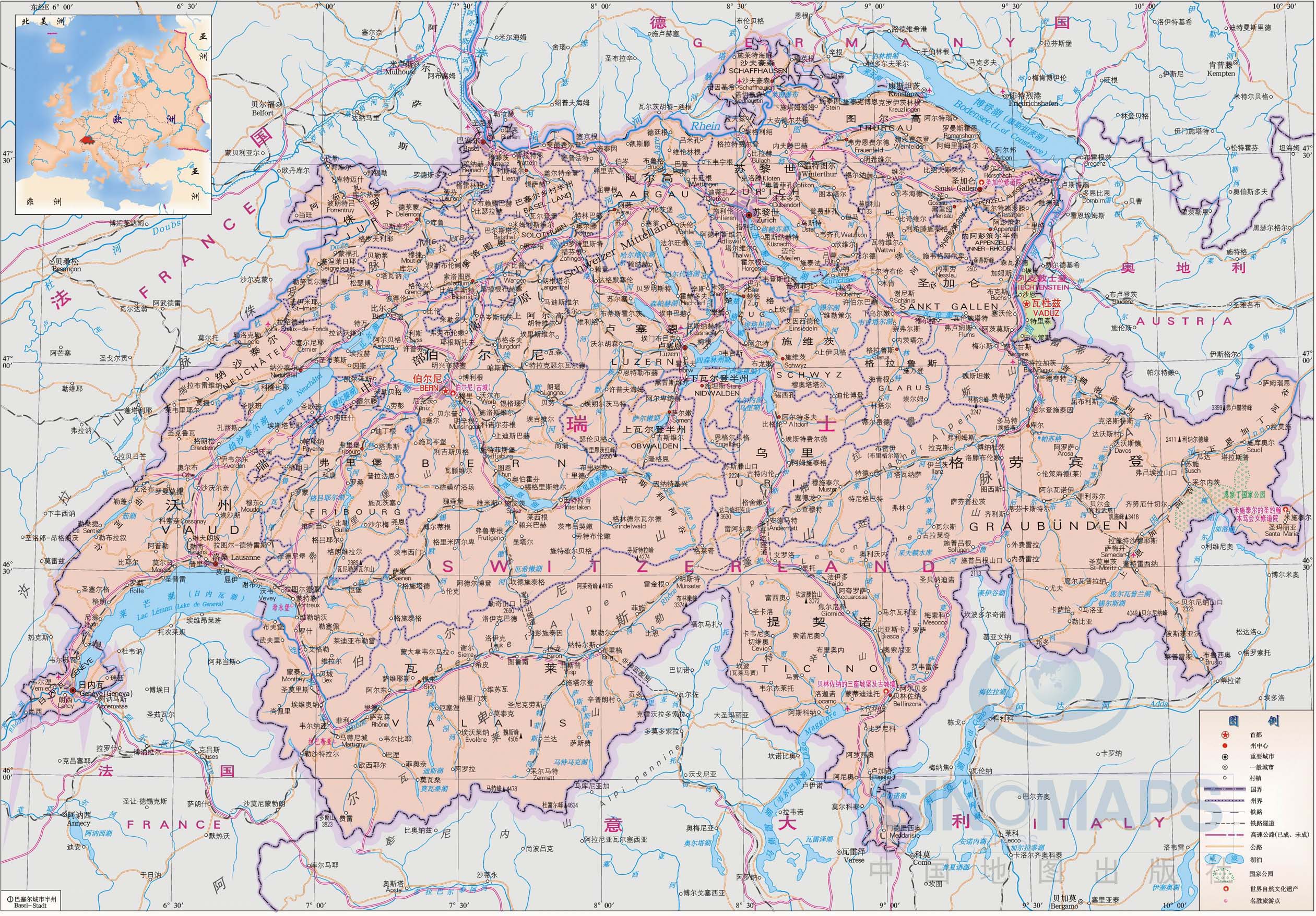 瑞士地图全图高清中文版_瑞士地图查询