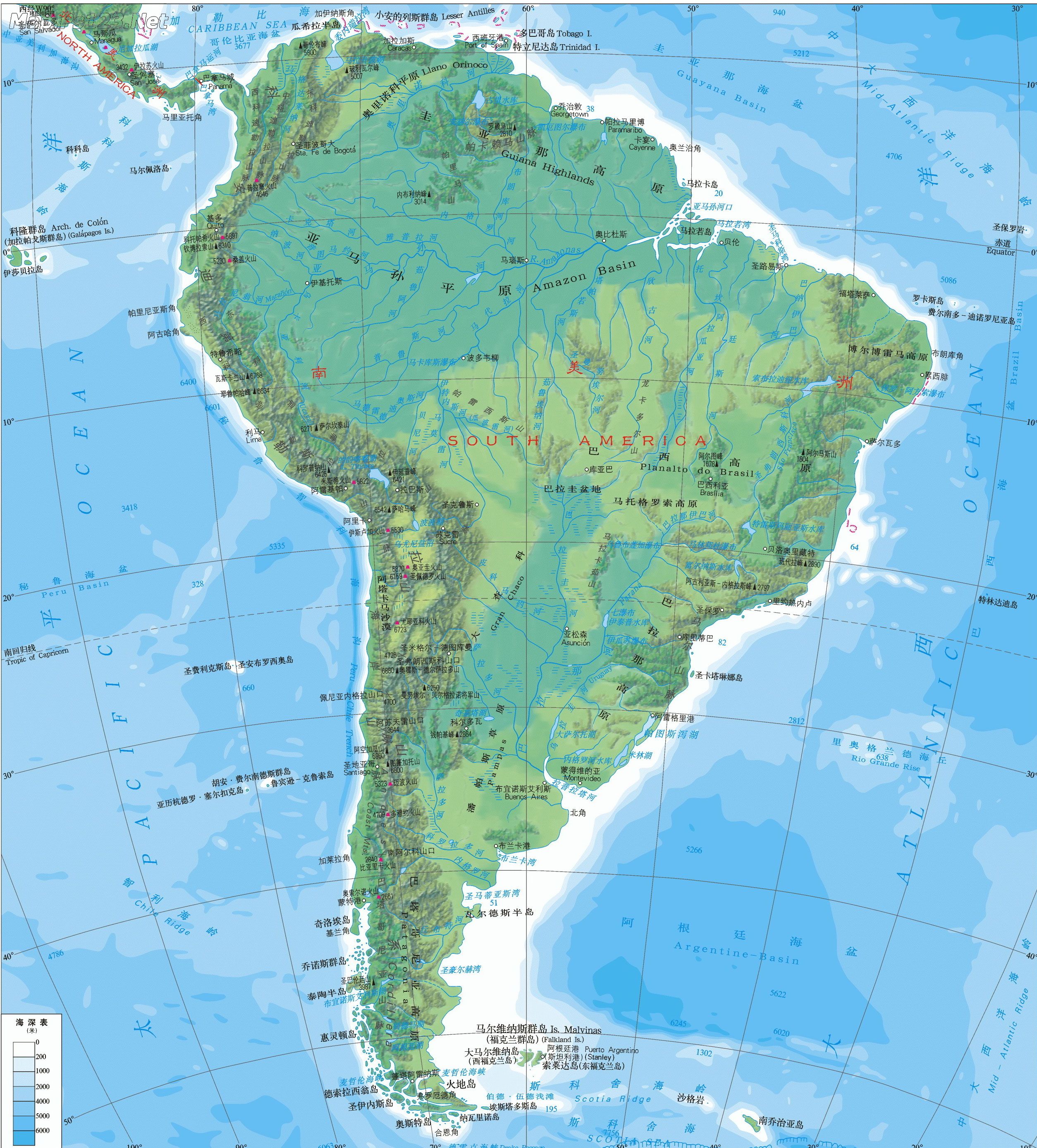 南美洲地形地图