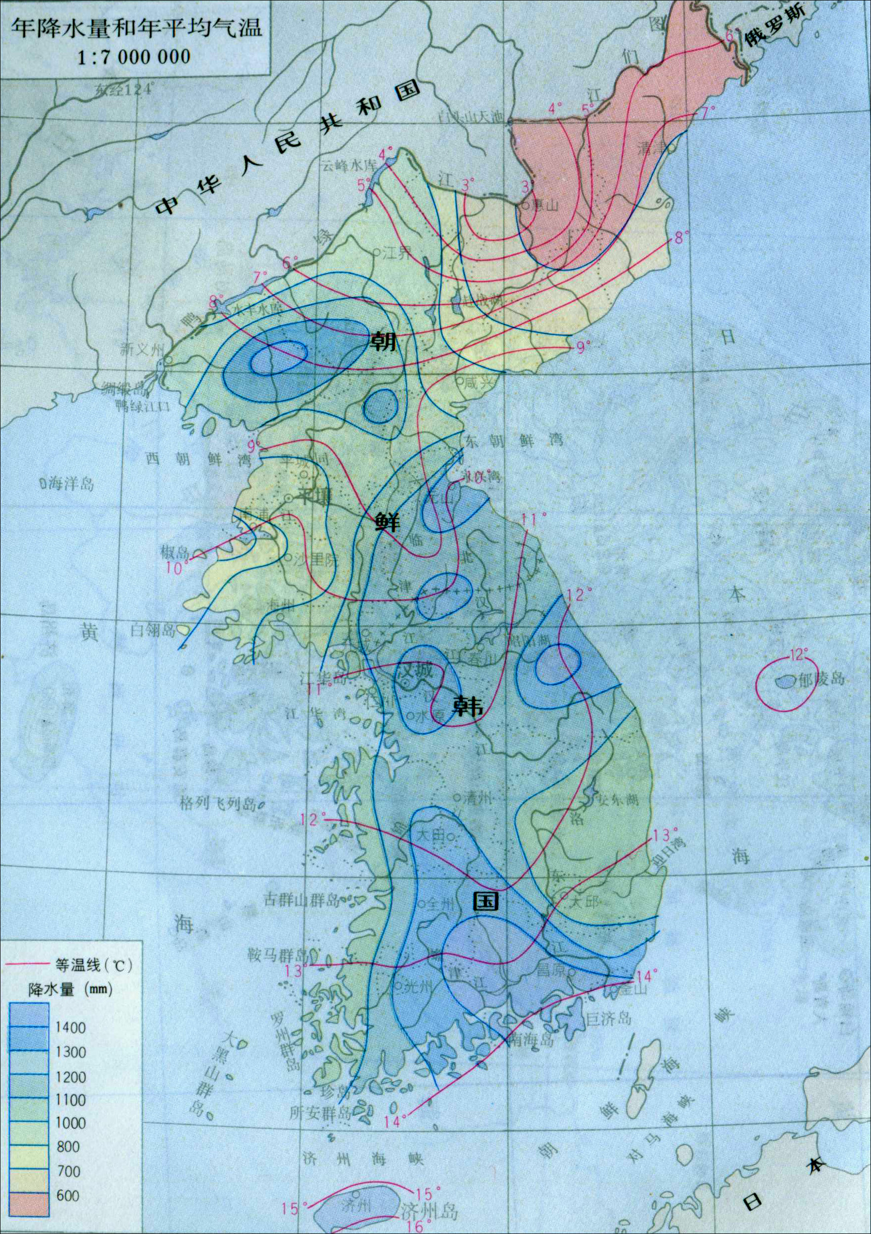 朝鲜韩国年降水量和年平均气温分布图图片