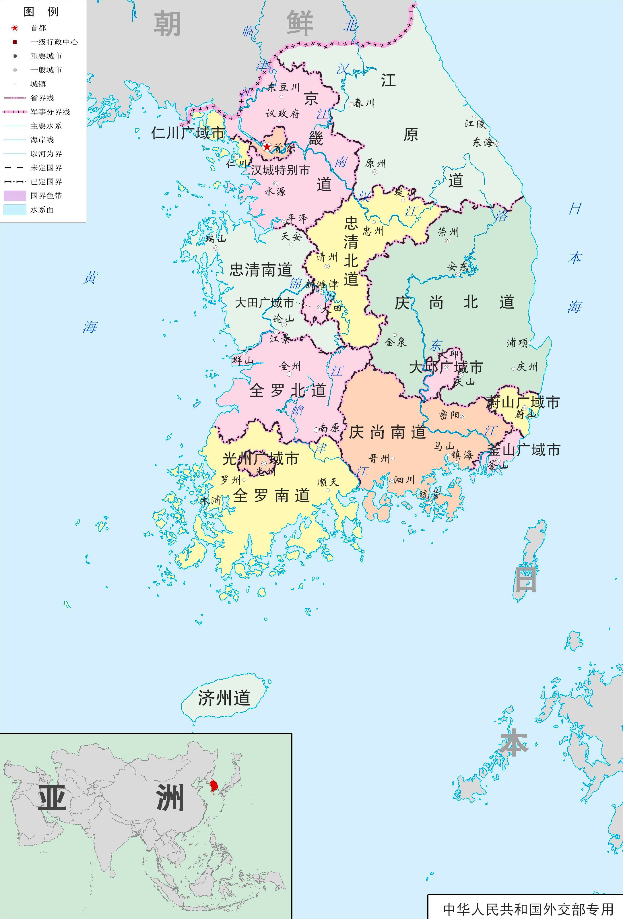 世界地图 亚洲 韩国 >> 韩国行政区域图  分类: 韩国 世界行政地图集图片