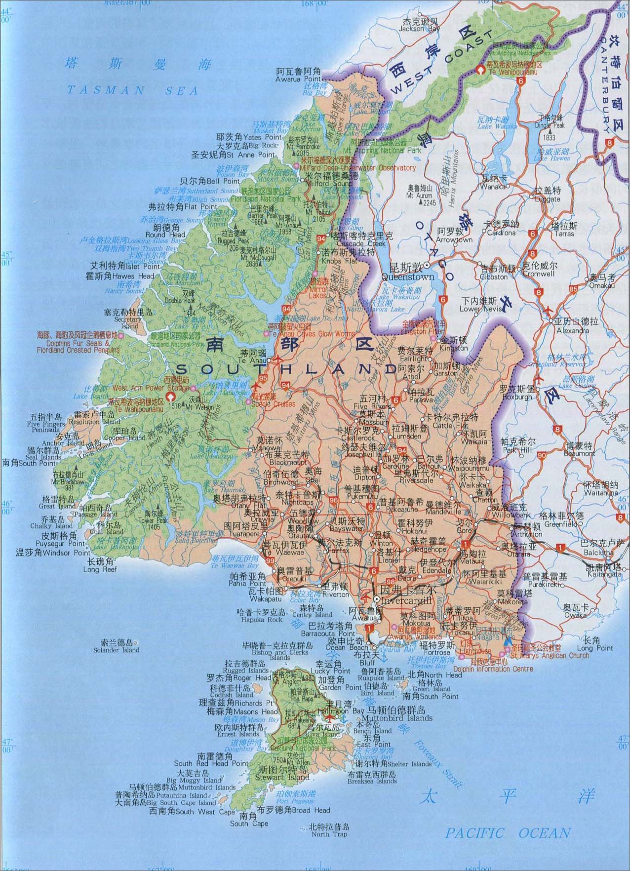 下面是2014年最新的南部区地图,所处国家:新西兰.地图图片如下图片